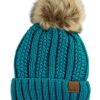 C.C Thick Cable Knit Faux Fuzzy Fur Pom Fleece Lined Skull Cap Cuff Beanie, Teal