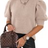 Women's Puff Short Sleeve Sweater Tops 2023 Spring Summer Trendy Crew/Square/V Neck Casual T Shirts Blouses A-Beige