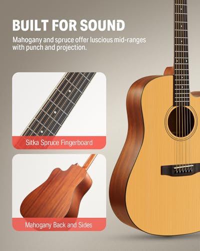 Donner 41” Acoustic Guitar Bundle for Beginners Adults with Online Lesson, 4/4 Full Size Steel Acustica Guitarra with Gig Bag, Tuner, Strap, Strings, Picks, Capos, Cutaway, Natural, DAG-1C/DAD-110C - Image 6