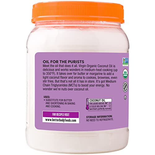 BetterBody Foods Organic Virgin Coconut Oil — Cold-Pressed and Unrefined Coconut Oil, Medium Temperature Cooking Oil, Great Alternative To Butter, Light Coconut Flavor and Aroma, 56 Ounce - Image 2