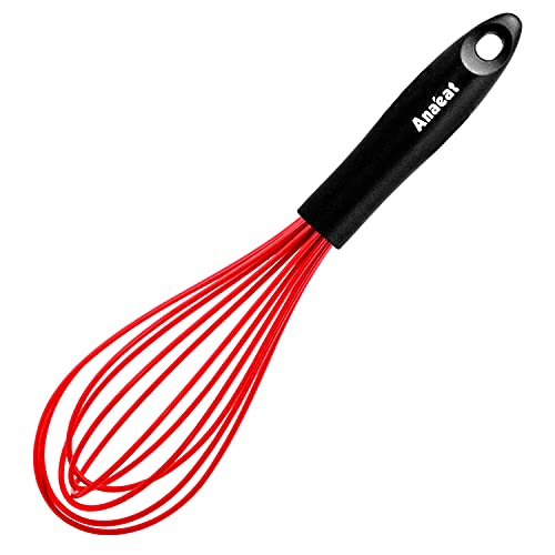 ANAEAT 10.5" Silicone Whisk, Thick Stainless Steel Wire Inner - Heat Resistant Kitchen Whisks for Non-Stick Cookware, Balloon Egg Beater for Whisking, Blending, Beating, Frothing & Stirring (Red)