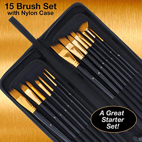 U.S. Art Supply 15 Piece Artist Long Handle Synthetic Paint Brush Set - Multi Functional Watercolor Gouache Oil Acrylic Brush Set in Zippered Nylon Pop-Up Travel Storage Case - Image 7