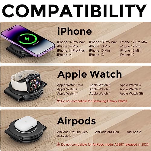3 in 1 Charging Station for Apple, Hicober Travel Wireless Charger for Magsafe Charger Foldable Stand Compatible for Multple Devices for Apple Watch/iWatch/Airpods/for iPhone 14 13 12 Black - Image 2