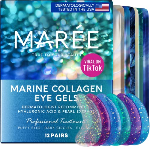 Maree Eye Gel Pads - Reduce Wrinkles, Puffy Eyes, Dark Circles, Eye Bags - Natural Marine Collagen Eye Gels with Hyaluronic HA - Anti Aging Eye Mask Patches & Face Moisturizer