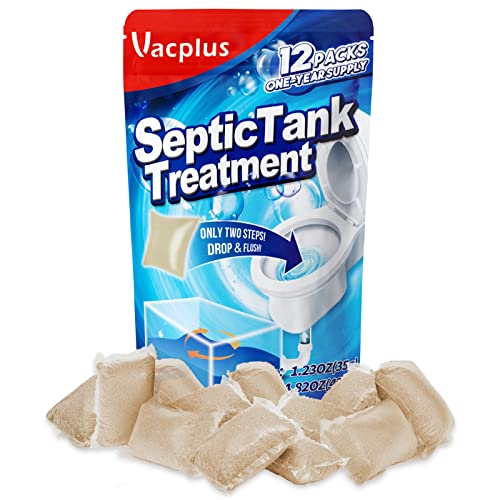 Vacplus Septic Tank Treatment - 12 Packs for 1-Year Supply, Flushable & Dissolvable Septic Tank Treatment Packets with Easy Operation, Biodegradable Septic Tank Treatment Enzymes for Wastes & Odors