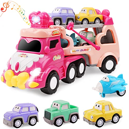 Toys for 1 2 3 Year Old Girl,5 in 1 Toddler Girl Toys,Carrier Truck Car Toys for 3 4 5 6 Year Old Toddler Girl with Music & Light,Pink Car Toys for 1 2 3 4 Year Old Girl,Toys for Girls Birthday Gifts…