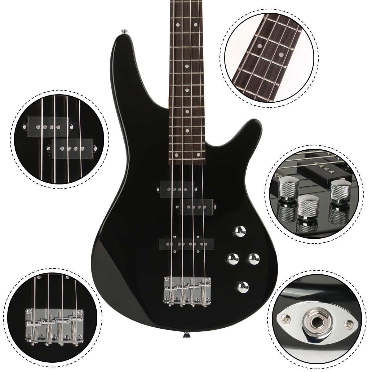 Electric Bass Guitar 4 Strings Full Size P Bass Beginner Kit Black for Starter with Gig Bag, Guitar Strap, and Guitar Cable (Black) - Image 4
