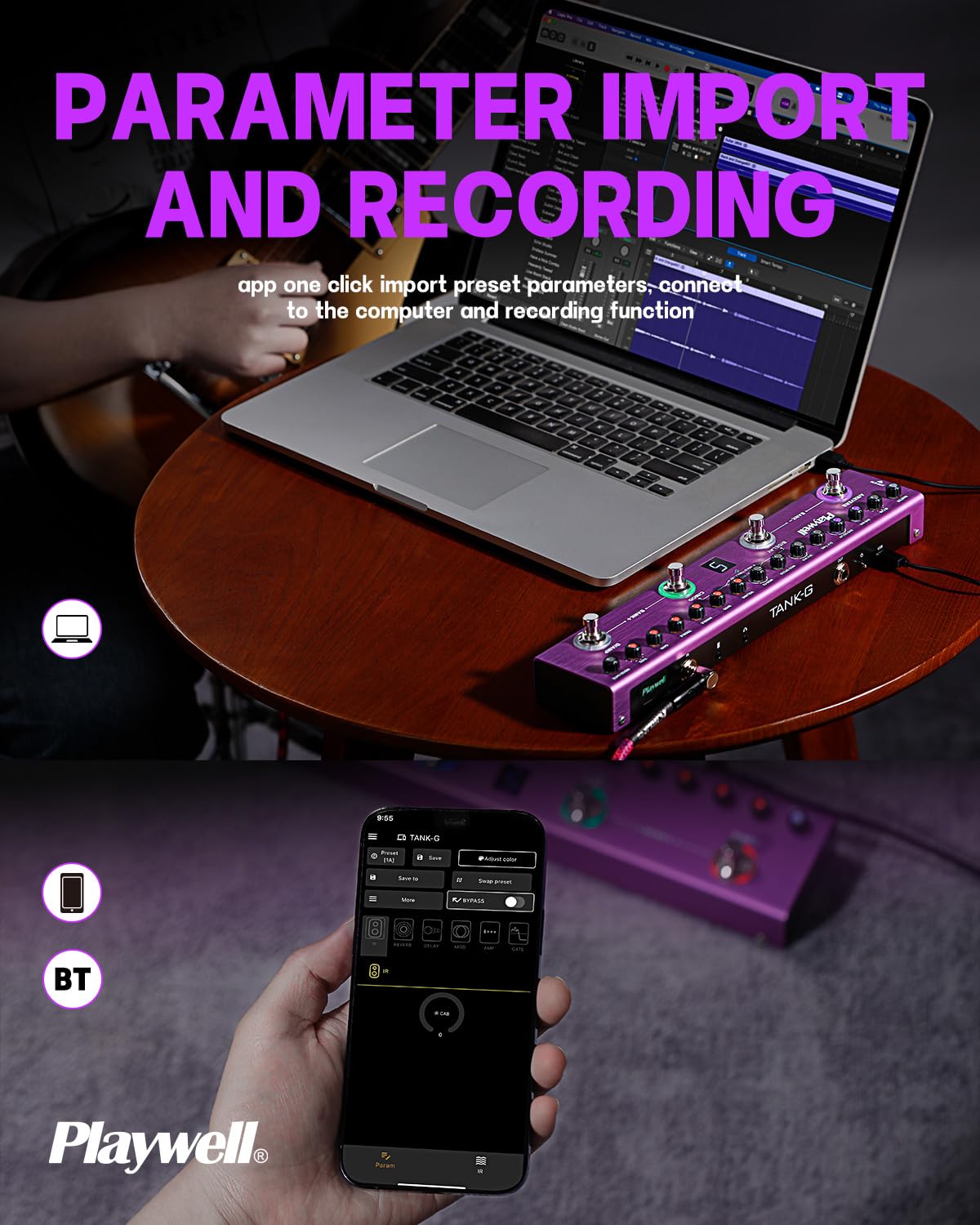 Playwell Multi Effects Guitar Pedal TANK-G,Digital Electric Guitar Effector with 36 Editable Presets,Chorus,Delay,Reverb,MOD,IR Loading,Recording,Tuner,Built-in battery,BT connection - Image 2