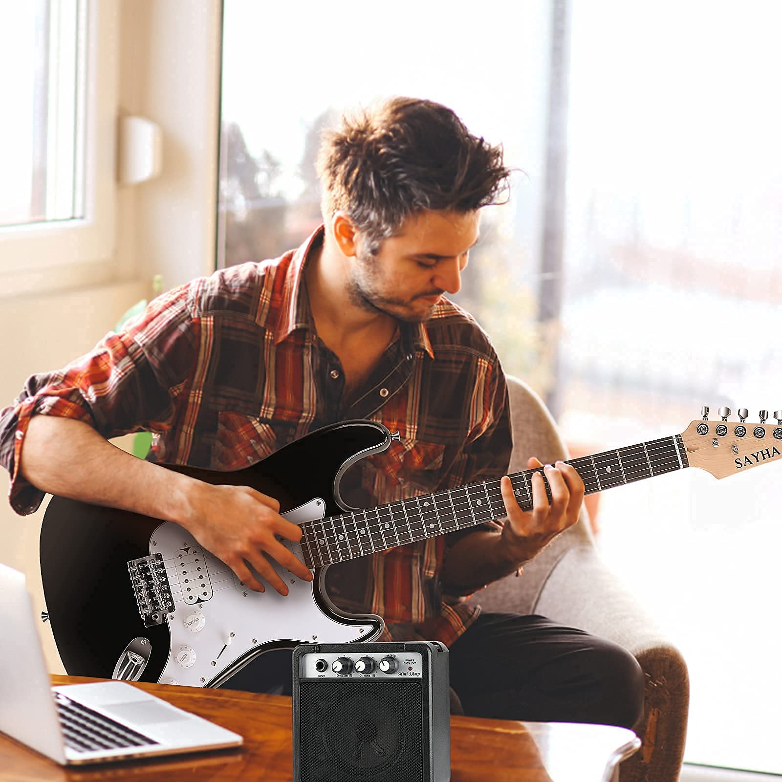 SAYHA Electric Guitar, 39 Inch Solid Full-size Electric Guitar HSS Pickups Starter Kit Includes Amplifier, Bag, Digital Tuner, Strap, String, Cable, Picks(Black) - Image 3